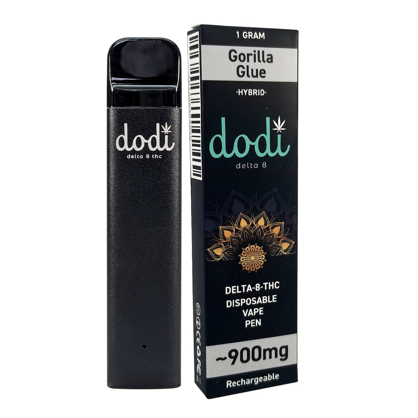Product photo of Dodi's Disposable rechargeable vape pen in Gorilla Glue on white background