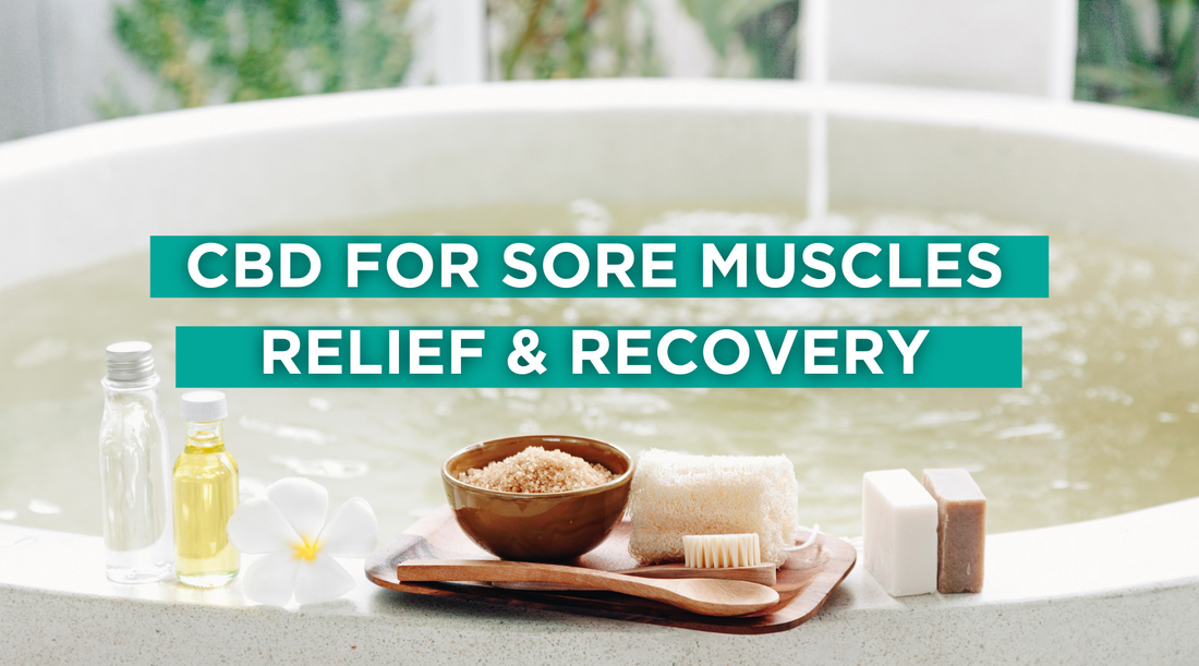 CBD for Sore Muscles blog title with bath in background