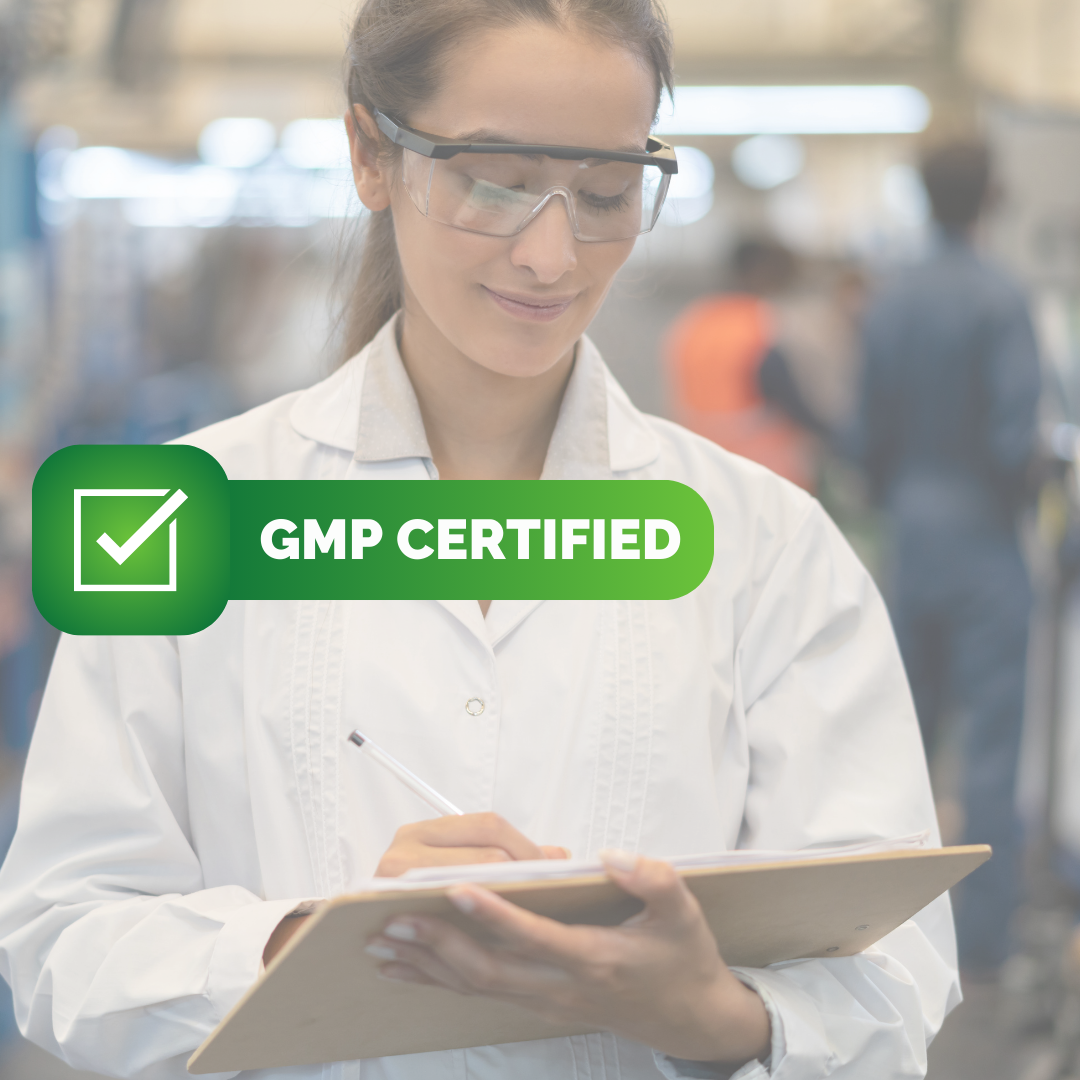 worker holding clip board and GMP certified text